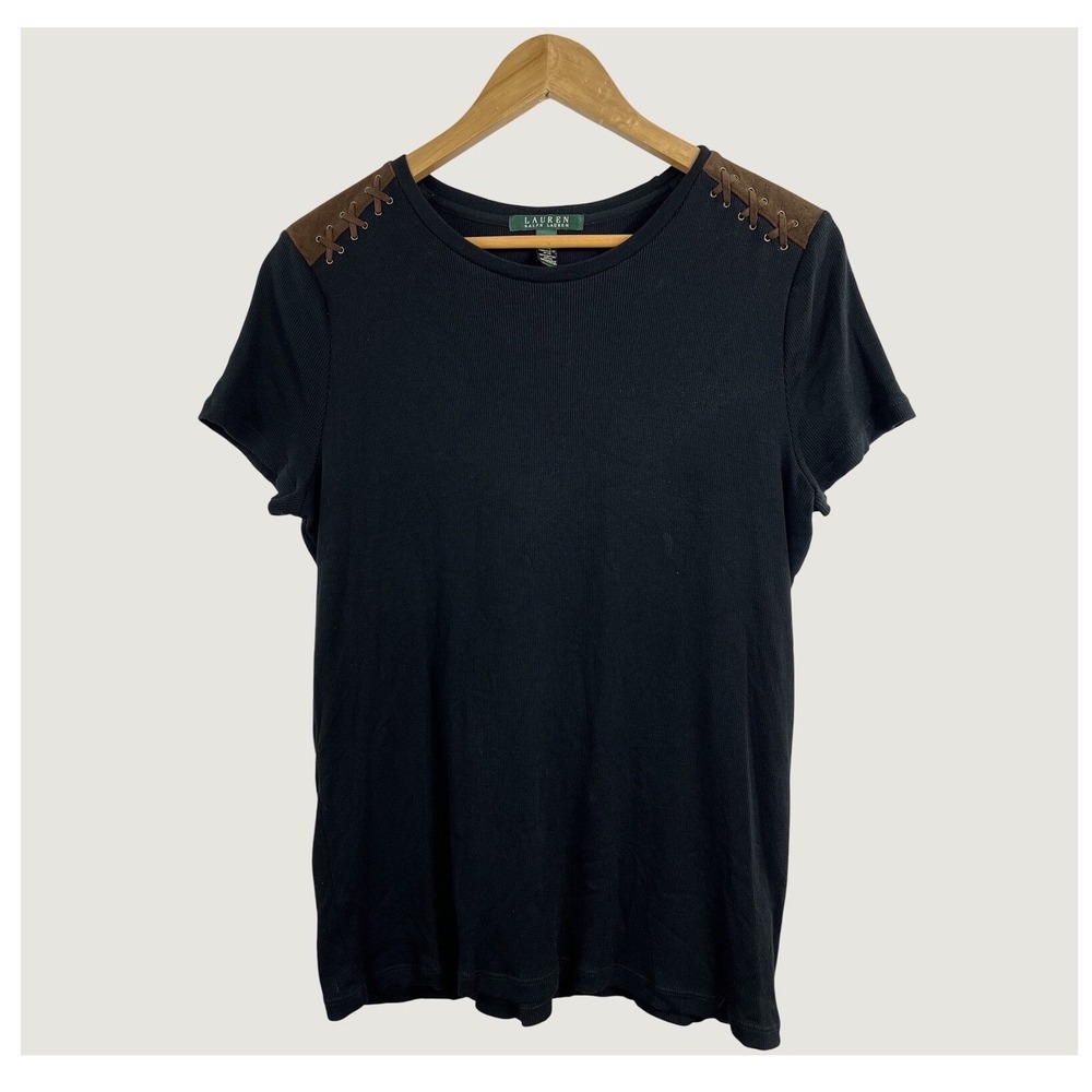 Lauren‎ Ralph Lauren Top XL Black Ribbed Lace Up Suede Shoulder Equestrian Horse